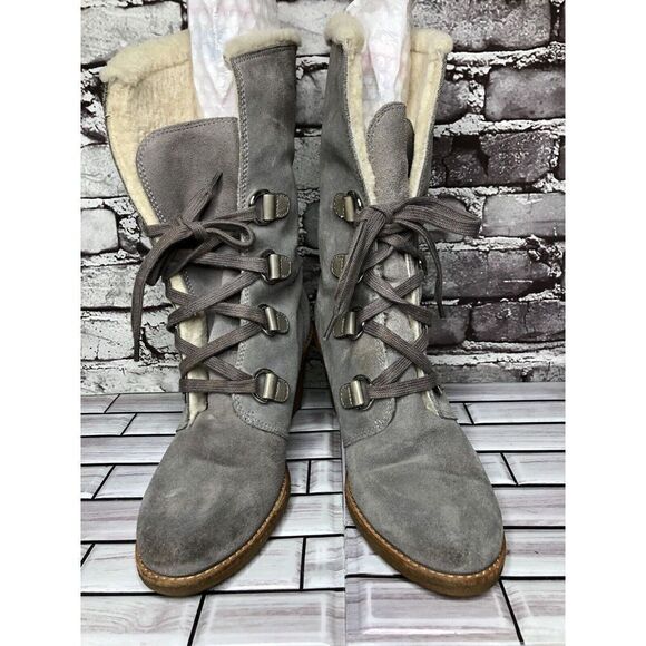 Cole Haan Waterproof Gray Suede Shearling Wedge Comfort Winter Boots Women Sz 9B - Picture 2 of 16
